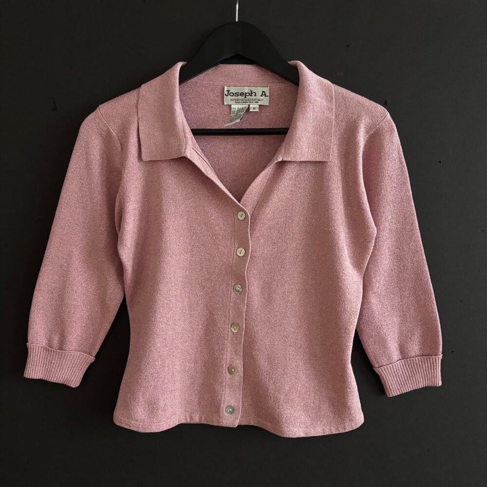Vintage 90s Joseph A Pink Metallic Silk Knit Preppy Cardigan Top - Size M